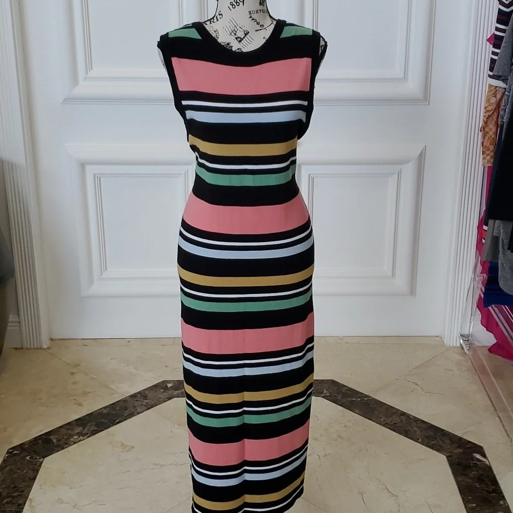 BCBG Multi colored stripe Knit midi dress Size L  new with tags